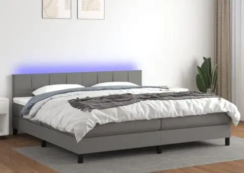 Pat cu arcuri, saltea și LED, gri închis, 200x200 cm, textil - 1/5