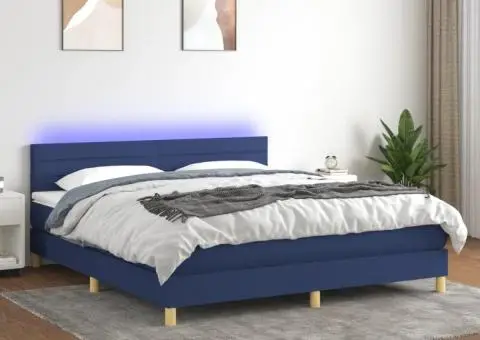 Pat cu arcuri, saltea și LED, albastru, 160x200 cm, textil - 1/5