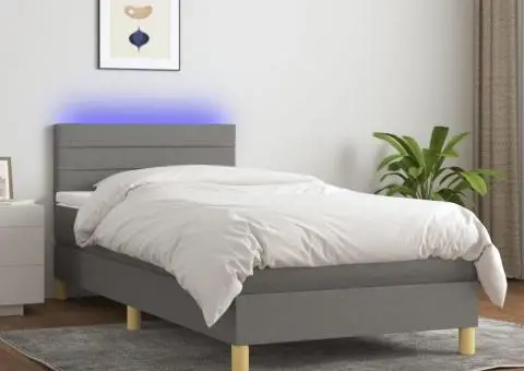 Pat cu arcuri, saltea și LED, gri închis, 100x200 cm, textil - 1/5