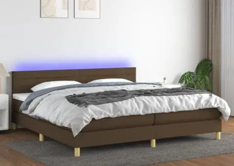 Pat cu arcuri, saltea și LED, maro închis, 200x200 cm, textil - 1/5