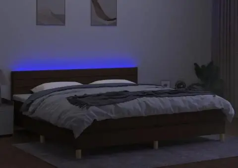 Pat cu arcuri, saltea și LED, maro închis, 200x200 cm, textil - 3/5