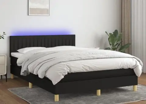 Pat cu arcuri, saltea și LED, negru, 140x200 cm, textil - 1/5