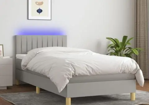 Pat cu arcuri, saltea și LED, gri deschis, 90x200 cm, textil - 1/5