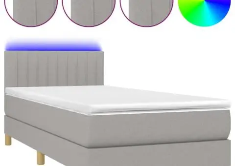 Pat cu arcuri, saltea și LED, gri deschis, 90x200 cm, textil - 2/5