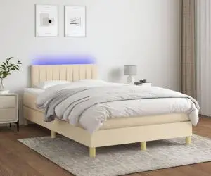 vidaXL Pat cu arcuri, saltea și LED, crem, 120x200 cm, textil