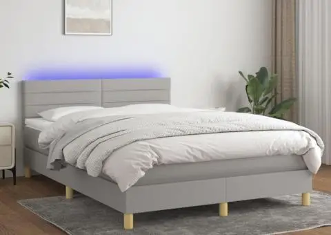 Pat cu arcuri, saltea și LED, gri deschis, 140x200 cm, textil - 1/5