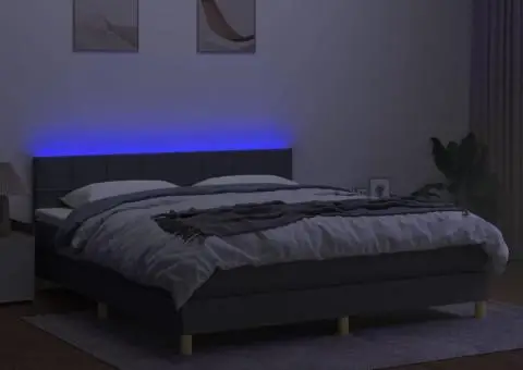 Pat cu arcuri, saltea și LED, gri închis, 180x200 cm, textil - 4/5