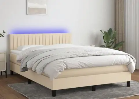 Pat cu arcuri, saltea și LED, crem, 140x200 cm, textil - 1/5