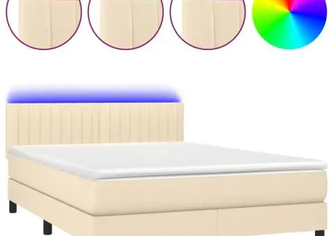 Pat cu arcuri, saltea și LED, crem, 140x200 cm, textil - 2/5