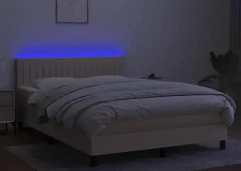 Pat cu arcuri, saltea și LED, crem, 140x200 cm, textil - 4/5