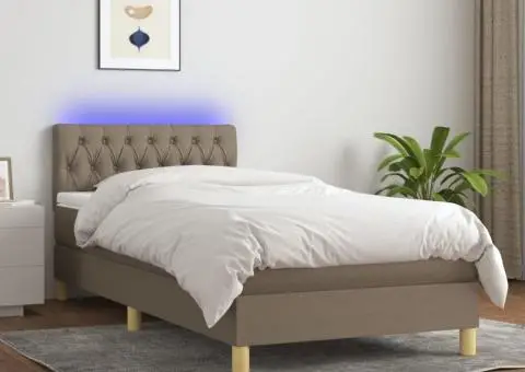 Pat cu arcuri, saltea și LED, Gri taupe, 100x200 cm, textil - 1/5