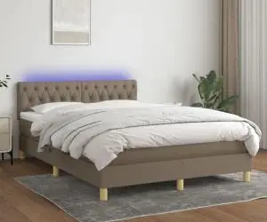 vidaXL Pat cu arcuri, saltea și LED, gri taupe, 140x200 cm, textil
