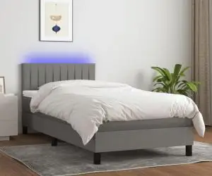 vidaXL Pat cu arcuri, saltea și LED, gri închis, 90x200 cm, textil