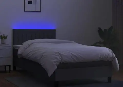 Pat cu arcuri, saltea și LED, gri închis, 90x200 cm, textil - 4/5