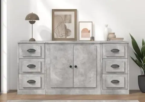 Servante, 3 piese, gri beton, lemn prelucrat - 1/5