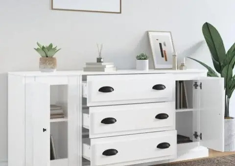 Servante, 3 piese, alb extralucios, lemn prelucrat - 3/5