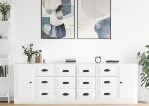 Servante, 3 piese, alb extralucios, lemn prelucrat - 1/5