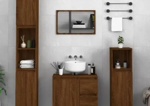 Set dulapuri de baie, 3 piese, stejar maro, lemn prelucrat - 1/5