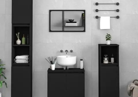 Set mobilier de baie, 3 piese, negru, lemn compozit - 1/5