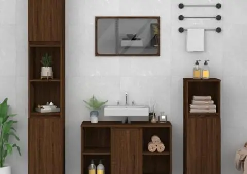 Set mobilier de baie, 3 piese, stejar maro, lemn prelucrat - 1/5