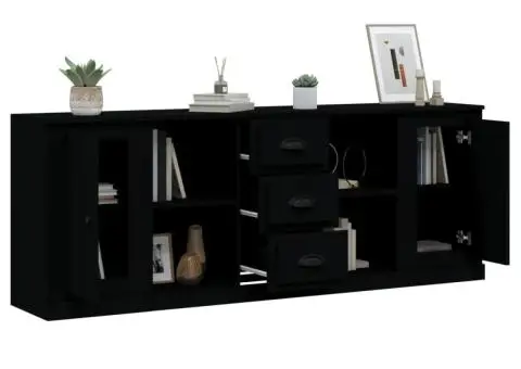 Servante, 3 piese, negru, lemn prelucrat - 4/5