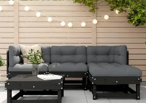 Set mobilier de grădină cu perne, 5 piese, negru, lemn masiv - 1/5