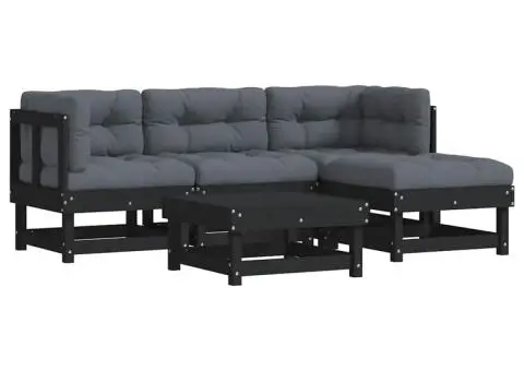 Set mobilier de grădină cu perne, 5 piese, negru, lemn masiv - 2/5