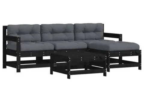 Set mobilier de grădină cu perne, 5 piese, negru, lemn masiv - 2/5