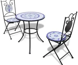 vidaXL Set mobilier bistro, 3 piese, albastru/alb, plăci ceramice