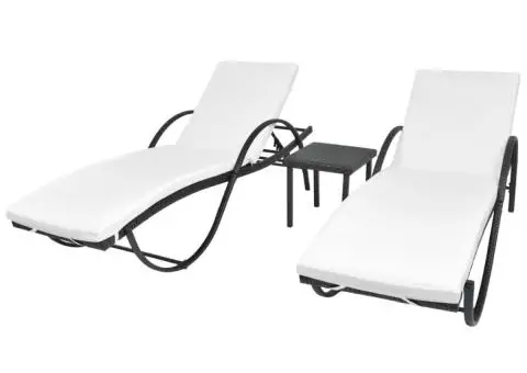 Șezlonguri de plajă cu masă, 2 buc., negru, poliratan - 1/5