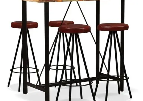 Set mobilier bar, 5 piese lemn masiv reciclat și piele naturală - 1/5