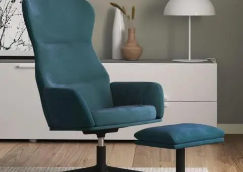 Scaun de relaxare cu taburet, albastru, catifea - 1/5