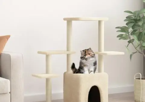 Ansamblu de pisici cu stâlpi din funie de sisal, crem, 97,5 cm - 1/5