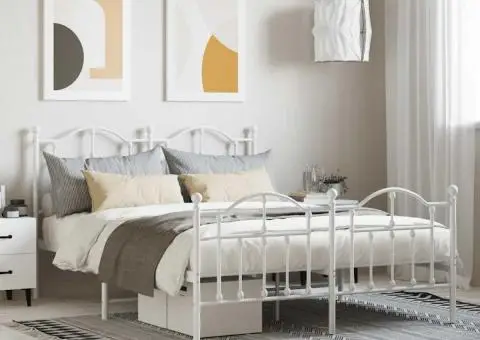 Cadru de pat metalic cu tăblie de cap/picioare, alb, 140x190 cm - 1/5