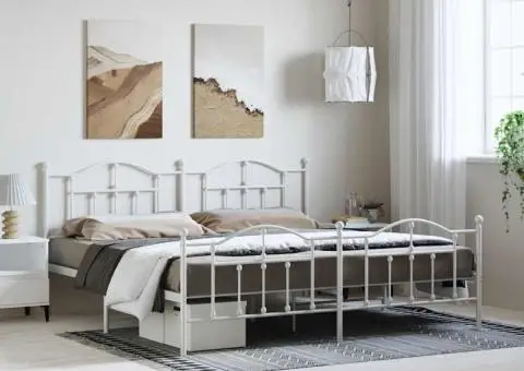 Cadru de pat metalic cu tăblie de cap/picioare, alb, 193x203 cm - 1/5
