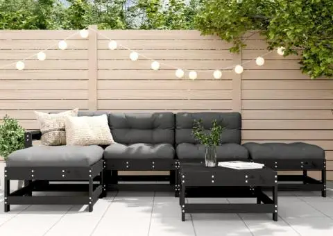 Set mobilier grădină cu perne, 6 piese, negru, lemn masiv - 1/5