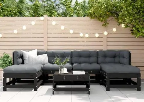 Set mobilier de grădină cu perne, 7 piese, negru, lemn masiv - 1/5