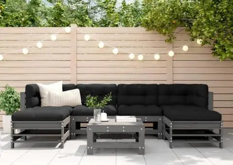 Set mobilier de grădină cu perne, 7 piese, gri, lemn masiv - 1/5