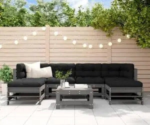 Set mobilier de grădină cu perne, 7 piese, gri, lemn masiv
