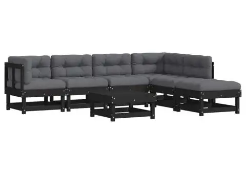 Set mobilier de grădină cu perne, 7 piese, negru, lemn masiv - 2/5