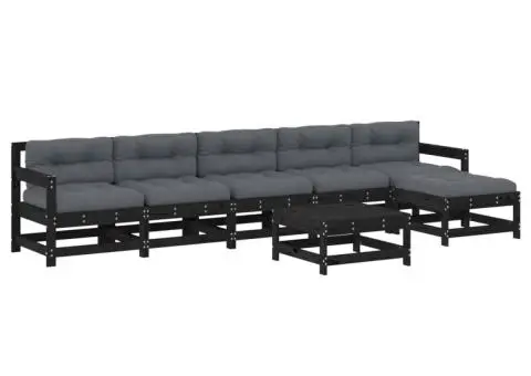 Set mobilier de grădină cu perne, 7 piese, negru, lemn masiv - 2/5