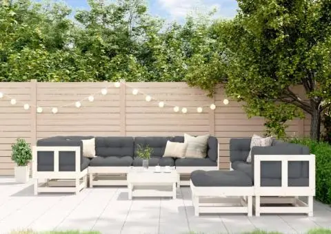 Set mobilier de grădină cu perne, 10 piese, alb, lemn masiv - 1/5