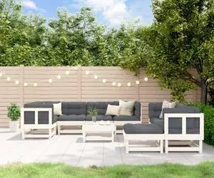 vidaXL Set mobilier de grădină cu perne, 10 piese, alb, lemn masiv