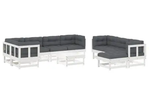 Set mobilier de grădină cu perne, 10 piese, alb, lemn masiv - 2/5