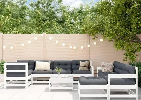 Set mobilier de grădină cu perne, 10 piese, alb, lemn masiv - 1/5