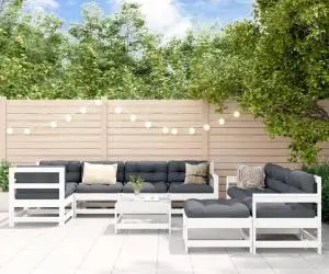 vidaXL Set mobilier de grădină cu perne, 10 piese, alb, lemn masiv