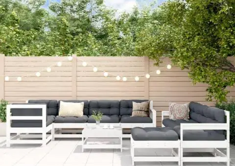 Set mobilier de grădină cu perne, 10 piese, alb, lemn masiv - 1/5