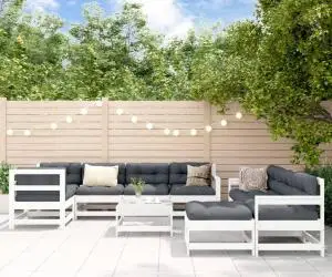 vidaXL Set mobilier de grădină cu perne, 10 piese, alb, lemn masiv
