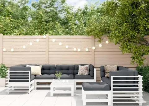 Set mobilier de grădină cu perne, 10 piese, alb, lemn masiv - 1/5