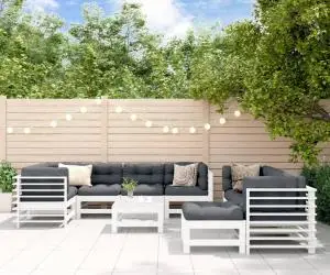 vidaXL Set mobilier de grădină cu perne, 10 piese, alb, lemn masiv